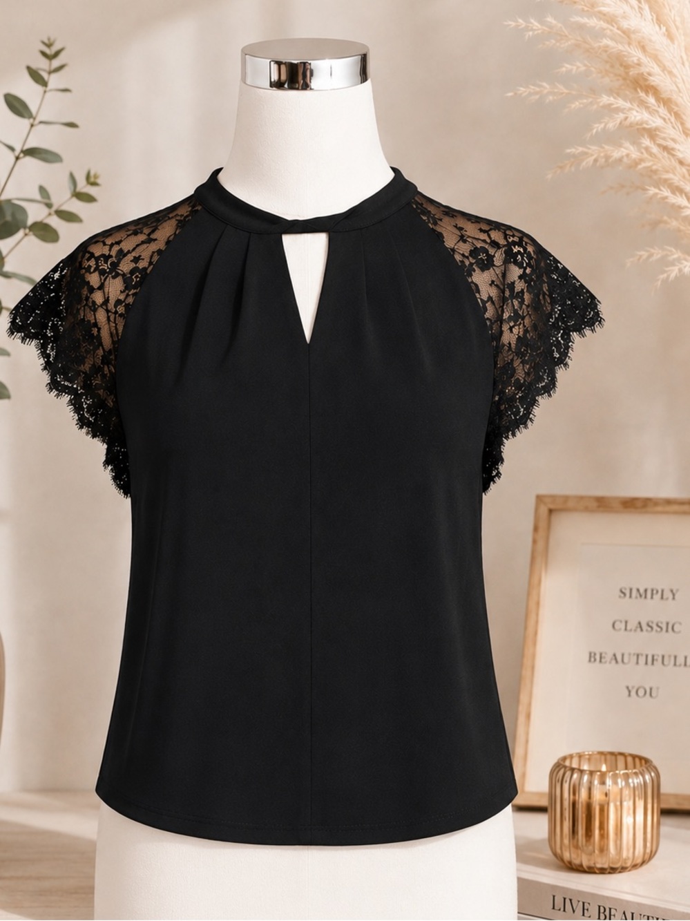 Worthington Black Lace Sleeve Women's Top sz Small